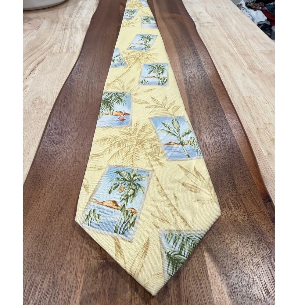 VINTAGE Tommy Bahama Silk Tie Palm Tree Sailboat Tropical Postcard Yellow Beachy